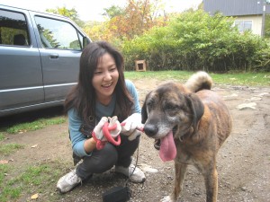 ペコたん（雑種）に飼い主さんが会いに来てくれました。いっぱいお散歩してもらってお疲れのようですね。2008.10.10